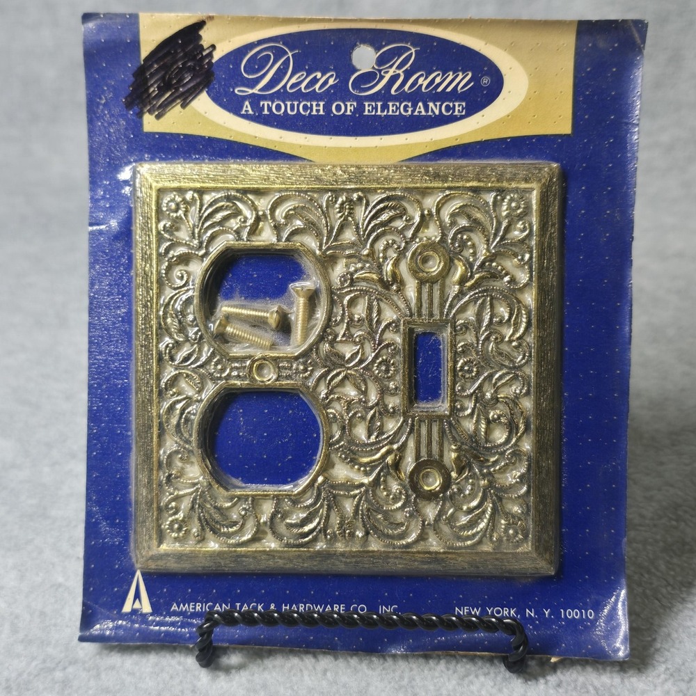 Vintage Deco Room 651D Filigree Antique Brass Switch Outlet Plate NOS 1960s
